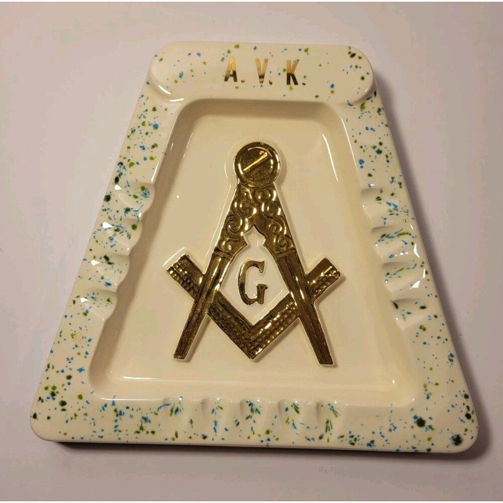 Ceramic Vintage Masonic Lodge Ashtray Freemason Mason 1970s Cigar Cigarette Tray